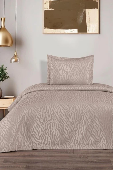 Zebra Jakarlı Tek Kişilik Yatak Örtüsü Bej - Resim 2