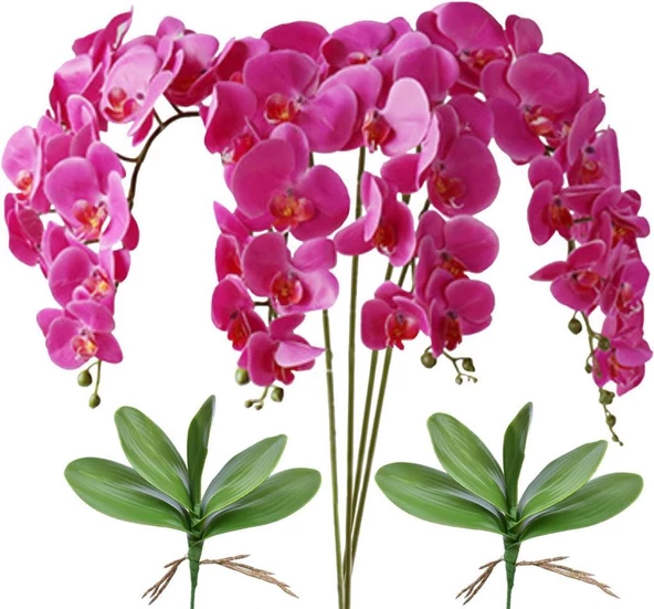 Nettenevime 4lü Set Yapay Çiçek Fuşya Islak Orkide ve 2 Adet Orkide Yaprağı Gerçeksi Doku Uzun Dal 90cm ürün görseli 1