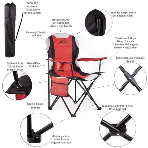 Evolite Nature Katlanabilir Kamp Sandalyesi - Kırmızı - Resim 2