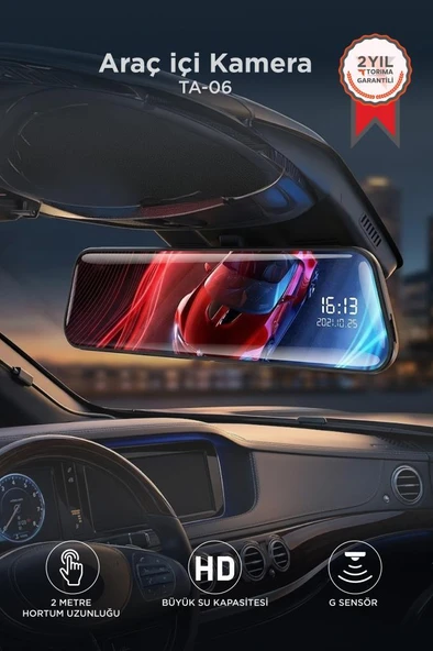 Araç İçi Kamera Gece Görüşlü LCD Ekranlı 1080P Ön ve Arka Dikiz Aynası TA06 Siyah ürün görseli 1