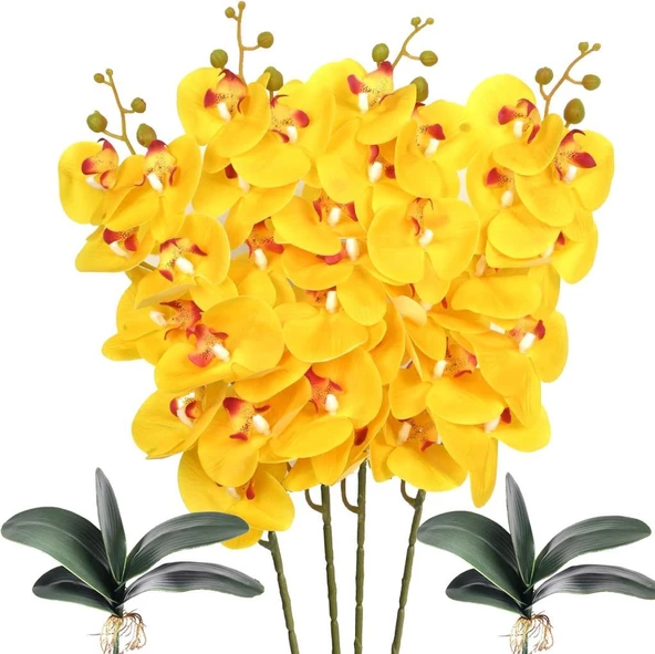 Nettenevime 4lü Set Yapay Çiçek Sarı Islak Orkide ve 2 Adet Orkide Yaprağı Gerçeksi Doku Uzun Dal 90cm ürün görseli 1