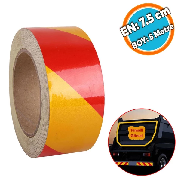 Fosforlu Reflektörlü Yapışkanlı Parlayan Sarı Kırmızı Reflektif Düz Şerit Bant 7.5 cm 5 Mt İkaz Bandı ürün görseli 1