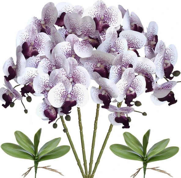 Nettenevime 4lü Set Yapay Çiçek Beyaz Mor Çilli Islak Orkide ve 2 Adet Orkide Yaprağı Gerçeksi Doku Uzun Dal 90cm ürün görseli 1