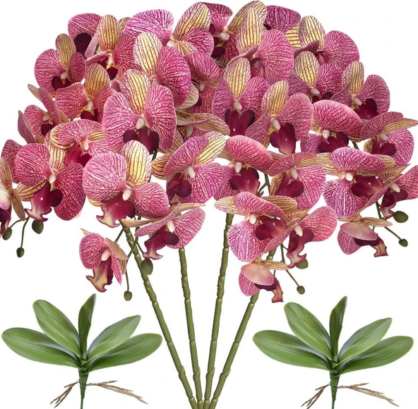 Nettenevime 4lü Set Yapay Çiçek Fuşya Çilli Islak Orkide ve 2 Adet Orkide Yaprağı Gerçeksi Doku Uzun Dal 90cm ürün görseli 1
