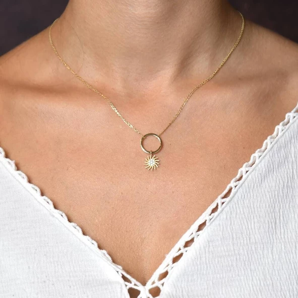 Choker Altın Güneş Kolye Çift Zincirli ürün görseli 1
