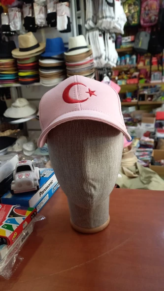 bayrak şapka ayyıldızlı şapka nakışlı unisex model pembe renk ürün görseli 1