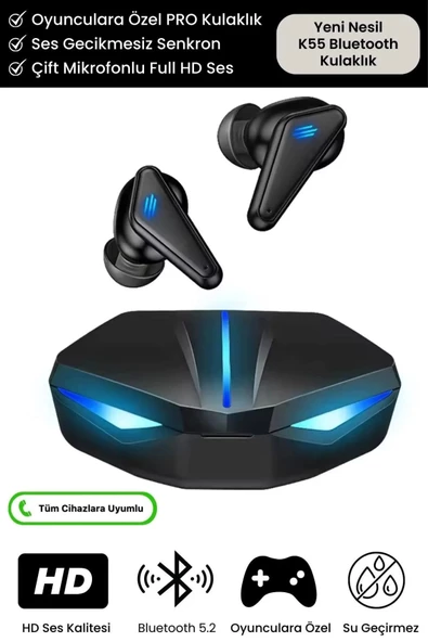 Özel RGB Işıklı K55 Tws Pro Extra Bass Mikrofonlu 3D Stereo Ses Bluetooth Kablosuz Oyuncu Kulaklık ürün görseli 1