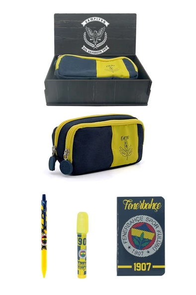 Fenerbahçe Orijinal Kalemlik Set 4lü Kırtasiye Hediye Seti 2 Bölmeli Kalem Kutusu Ahşap Kutulu ürün görseli 1