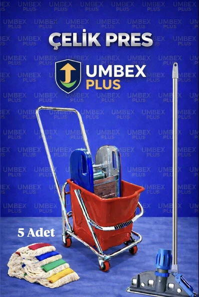 Umbex Plus  Tek Kovalı Çelik Presli Krom Temizlik Arabası Ve Paspas Arabası Temizlik Seti + Islak Mop Seti ürün görseli 1