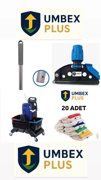 Umbex Plus Çift Kovalı Krom Temizlik Arabası Paspas Arabası Islak Mop Seti 20 Islak Mop ürün görseli 1