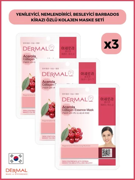 Dermal Yenileyici, Nemlendirici, Besleyici Barbados Kirazı Özlü Kolajen Maske 23 gr 3 Adet ürün görseli 1
