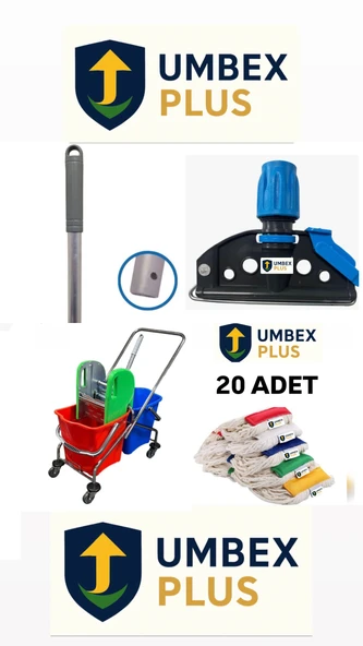 Umbex Plus  Çift Kovalı Paspas Arabası Krom Gövdeli Çelik Presli Temizlik ArabasıSeti Islak Mop Seti 20 ADET ürün görseli 1