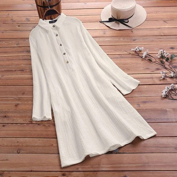 Toridas Günlük Rahat Baharlık Salaş Gömlek Yaka Elbise bt405krem5 ürün görseli 1