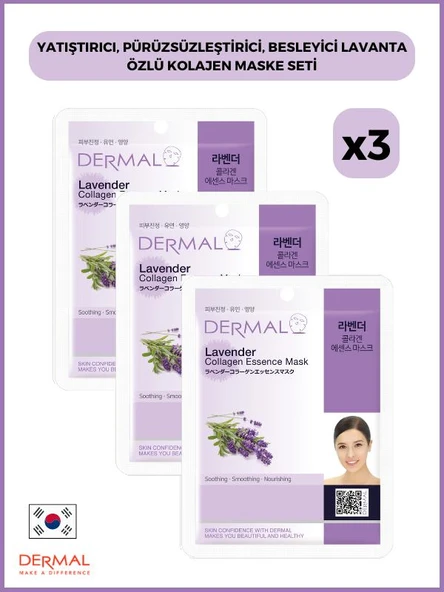 Dermal Yatıştırıcı, Pürüzsüzleştirici, Besleyici Lavanta Özlü Kolajen Maske 23 Gr 3 Adet ürün görseli 1