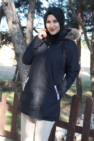 Kışlık Kürk Yaka Şişme Kadın Tesettür Mont ürün görseli 1