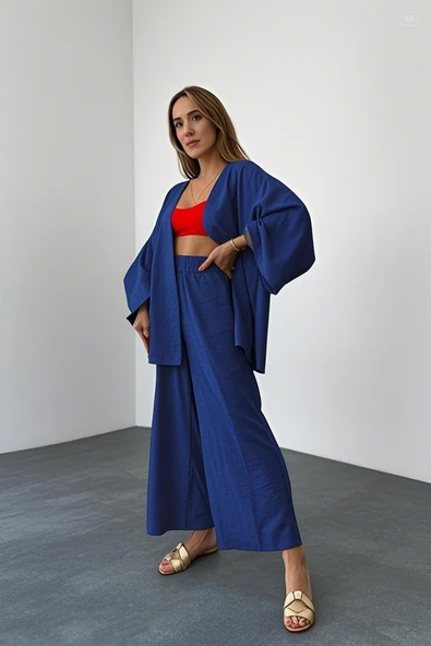 Keten Kadın Salaş Kimono İkili Lacivert Takım ürün görseli 1