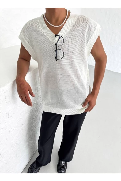 Erkek V Yaka Oversize Süveter - Resim 2