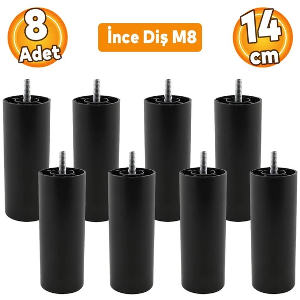 Mobilya Kanepe Koltuk Baza Yükseltme M8 Civatalı Ince Diş Destek Ayağı Ayakları Siyah 14 Cm 8 Adet ürün görseli 1