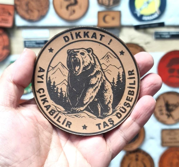 Dikkat Ayı Çıkabilir Taş Düşebilir Deri Peç- Arma - Leather Patch - Resim 2