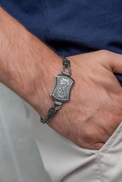 La Galibe İllallah Hat Yazılı 925 Gümüş Erkek Bileklik Künye ürün görseli 1