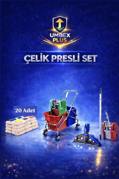 Umbex Plus  Çift Kovalı Paspas Arabası Krom Çelik Presli Temizlik Arabası Seti Islak Mop Seti. 20 Islak Mop ürün görseli 1