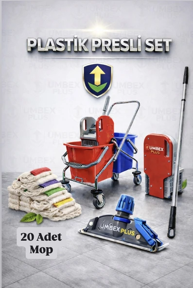 Umbex Plus  Çift Kovalı Islak Mop Setli Paspas Arabası Temizlik Arabası 20 Adet Islak MOP ürün görseli 1