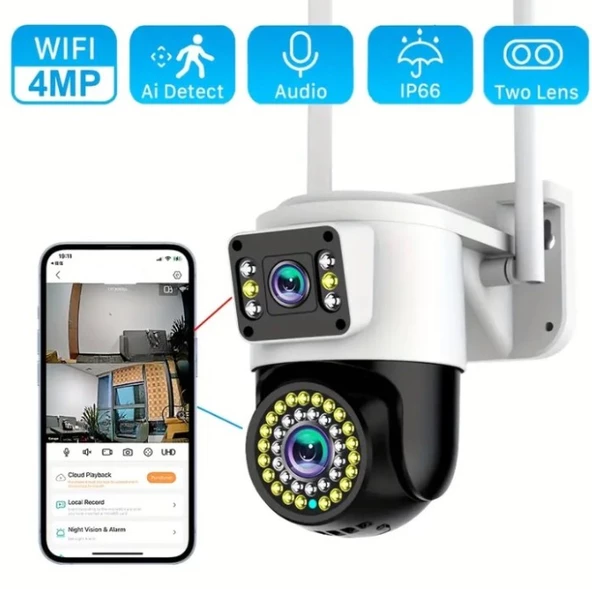 Çift Lens WiFi Kamera PTZ AI İnsan Algılama Monitörü Açık Renk Gece Görüşü  Gözetim Kameraları 4MP ürün görseli 1