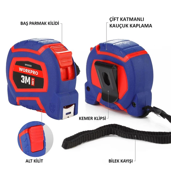 WORKPRO WP261008 3Mx16mm/10Ft. Naylon Kaplama Sarı Çelik Şerit Metre - Resim 2