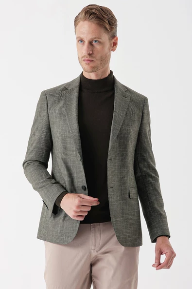 Haki Armürlü Mono Yaka Çift Yırtmaç 6 Drop Slim Fit Klasik Ceket 1002235133 ürün görseli 1