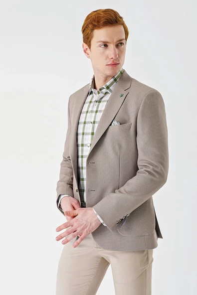 Bej Örme Mono Yaka Çift Yırtmaç Likralı 6 Drop Slim Fit Dar Kesim Klasik Ceket 1002240138 ürün görseli 1