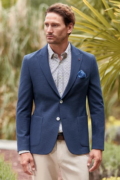 Lacivert Desenli Kırlangıç Yaka Likralı 6 Drop Slim Fit Dar Kesim Casual Ceket 1002240155 ürün görseli 1
