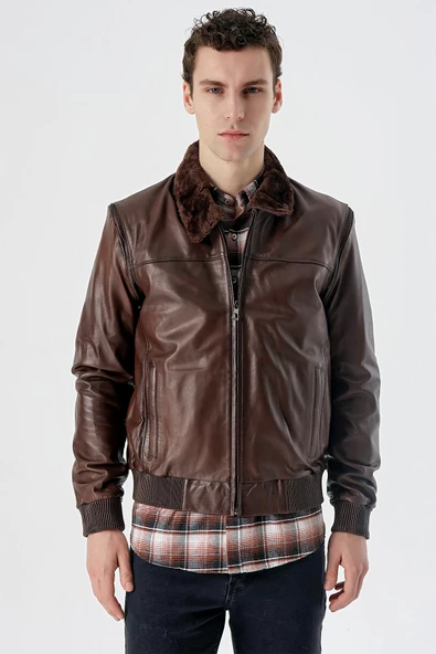 Kahverengi Gömlek Yaka Hakiki Deri Comfort Fit Rahat Kesim Casual Mont 1038235208 ürün görseli 1