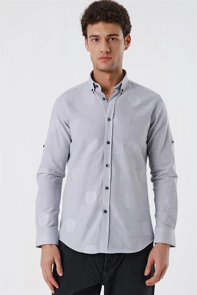 Gri Kısalabilir Kollu Desenli JakarlıCepsiz %100 Pamuk Casual Slim Fit Gömlek 1004230183 ürün görseli 1