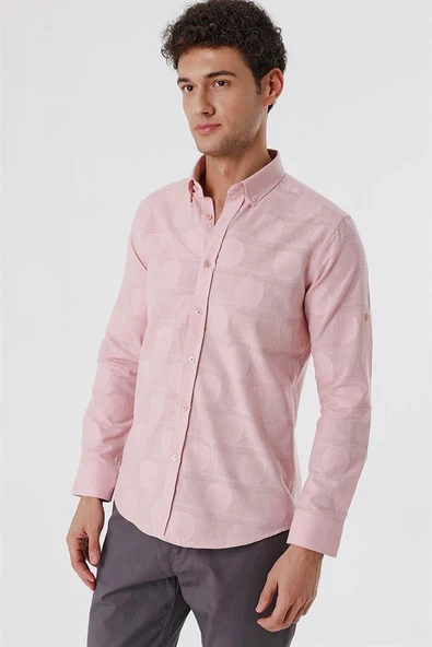 Kısalabilir Kollu Desenli JakarlıCepsiz %100 Pamuk Casual Slim Fit Gömlek 1004230183 ürün görseli 1