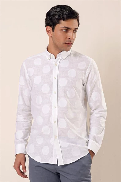 Beyaz Kısalabilir Kollu Desenli JakarlıCepsiz %100 Pamuk Casual Slim Fit Gömlek 1004230183 ürün görseli 1