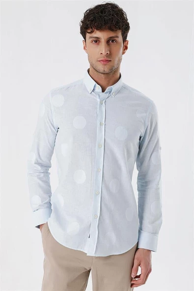 Mavi Kısalabilir Kollu Desenli JakarlıCepsiz %100 Pamuk Casual Slim Fit Gömlek 1004230183 ürün görseli 1