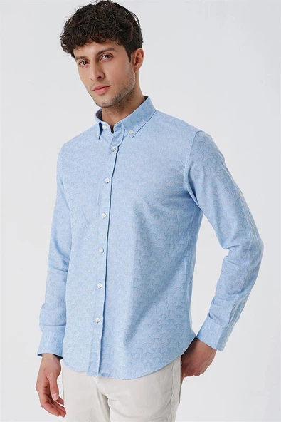 Mavi Düğmeli Yaka Kısalabilir Kol Cepsiz Slim Fit Casual Pamuklu Gömlek 1004230181 ürün görseli 1