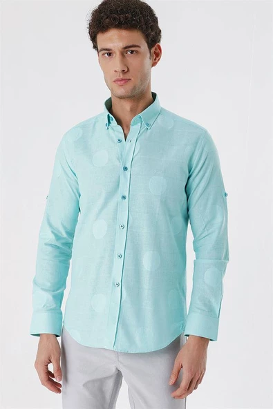 Yeşil Kısalabilir Kollu Desenli JakarlıCepsiz %100 Pamuk Casual Slim Fit Gömlek 1004230183 ürün görseli 1