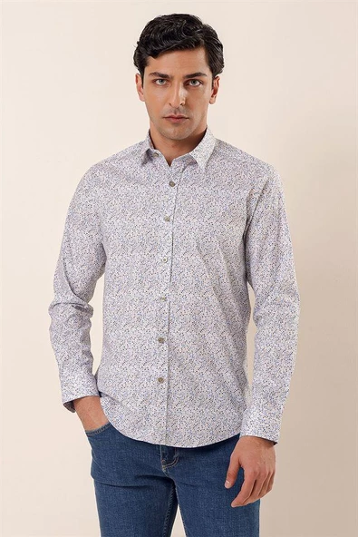 Mavi Uzun Kollu Baskılı Sert Yaka Cepsiz Pamuklu Likralı Casual Slim Fit Gömlek 1004230135 ürün görseli 1