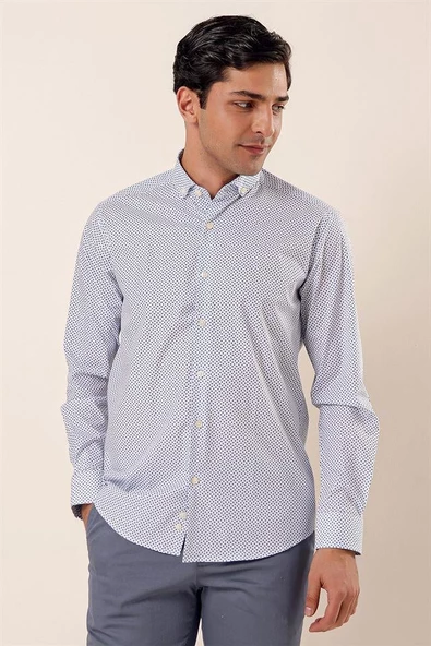 Lacivert Uzun Kollu Baskılı Cepsiz Pamuklu Likralı Klasik Slim Fit Dar Kesim Gömlek 1004230115 ürün görseli 1