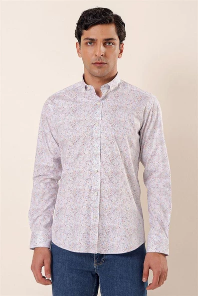 Mavi Uzun Kollu Baskılı Cepsiz Pamuklu Likralı Casual Slim Fit Dar Kesim Gömlek 1004230136 ürün görseli 1