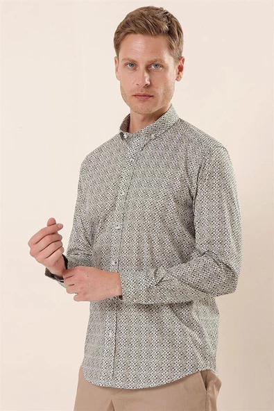 Beyaz Uzun Kollu Baskılı Cepsiz Pamuklu Likralı Casual Slim Fit Dar Kesim Gömlek 1004230134 ürün görseli 1