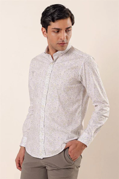 Sarı Uzun Kollu Baskılı Cepsiz Pamuklu Likralı Casual Slim Fit Dar Kesim Gömlek 1004230136 ürün görseli 1