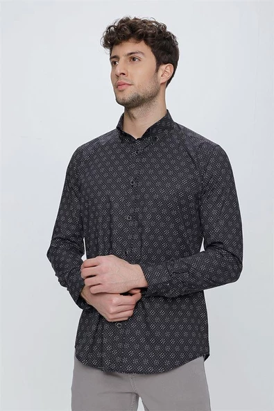 Siyah Uzun Kol Klasik Slim Fit Pamuklu Likralı Gömlek 1004225244 ürün görseli 1