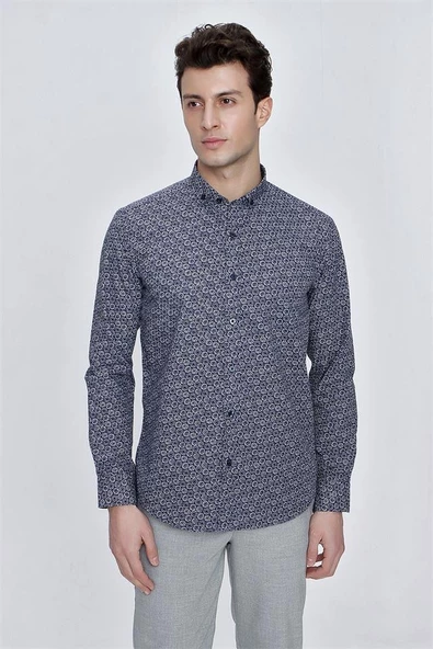 Lacivert Uzun Kol Gömlek Yaka Klasik Slim Fit Pamuklu Gömlek 1004225223 ürün görseli 1