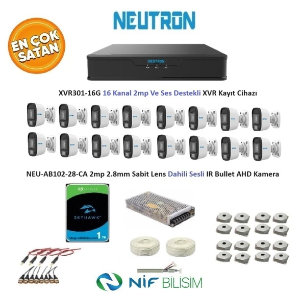 Neutron 2mp 16 kameralı Sesli Dış ortam AHD Full Kamera Seti 1TB Disk XVR301-16G NEU-AB102-28-CA ürün görseli 1