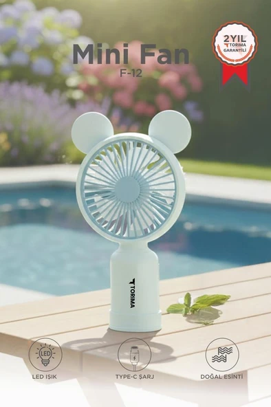 Şarjlı El Vantilatörü Ayıcık Kulaklı 2 Kademeli Işıklı Mini Fan F12 Mavi ürün görseli 1
