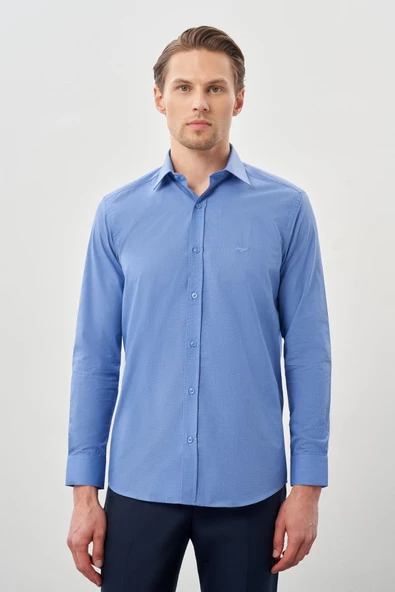Mavi Uzun Kol Filafil Sert Yaka Slim Fit Dar Kesim Basic Gömlek 1004210008 ürün görseli 1