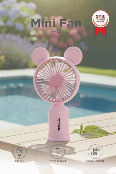 Şarjlı El Vantilatörü Ayıcık Kulaklı 2 Kademeli Işıklı Mini Fan F12 Pembe ürün görseli 1