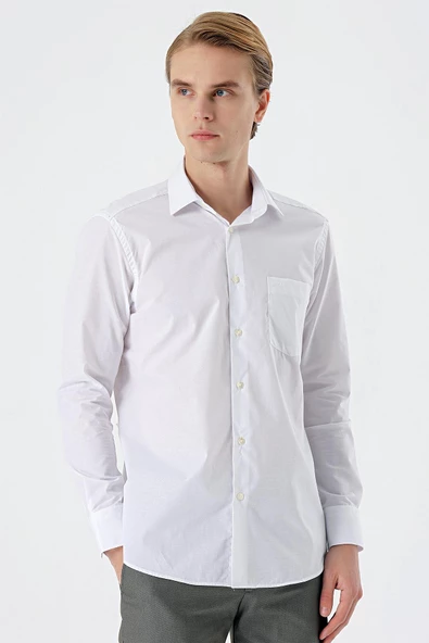 Beyaz Uzun Kollu Filafil Sert Yaka Cepli Pamuklu Basic Comfort Fit Gömlek 1004240002 ürün görseli 1